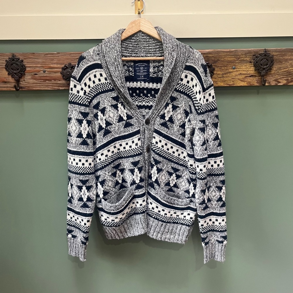 American Eagle Southwestern Fair Isle Shawl Collar Wool Blend Cardigan Gray L
